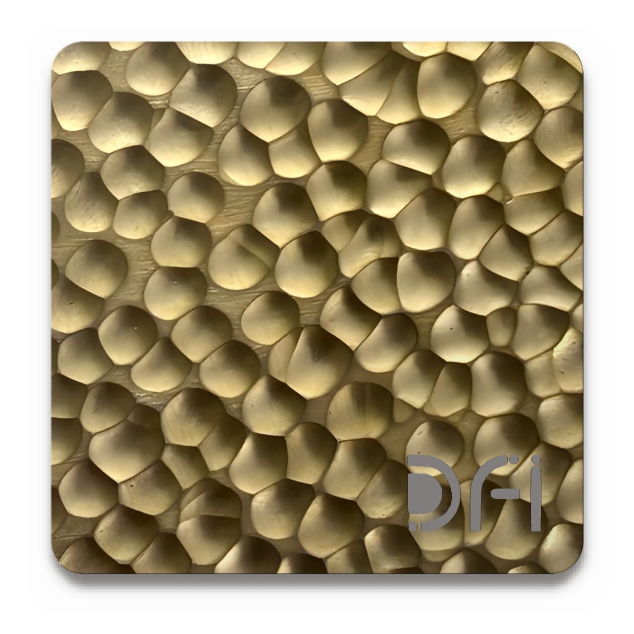 Beaten gold, Beaten finish: a DFI sample plate with the DFI mark laser-cut in the corner