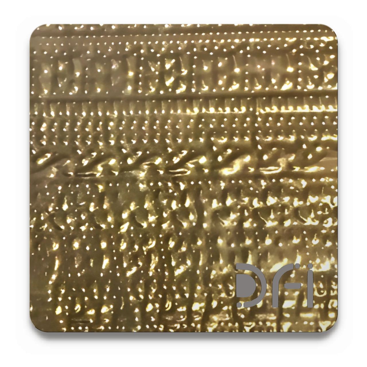 Textured brass, Beaten finish: a DFI sample plate with the DFI mark laser-cut in the corner