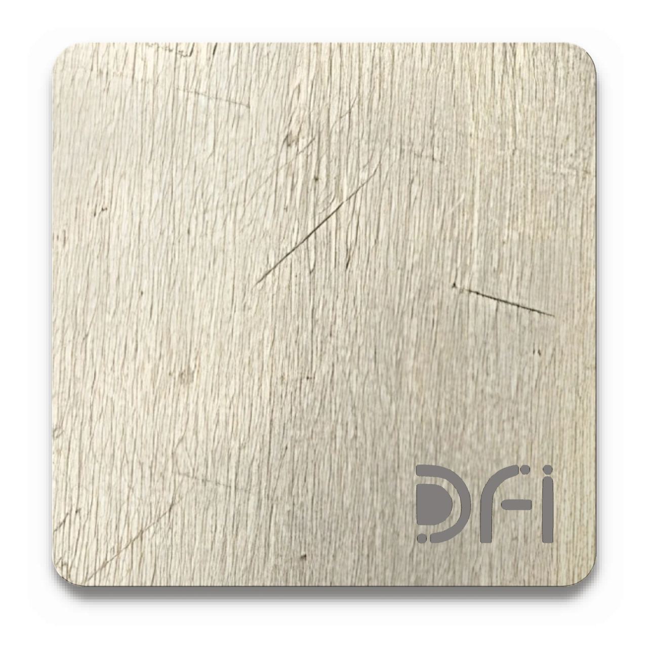 Aluminium: a DFI sample plate with the DFI mark laser-cut in the corner