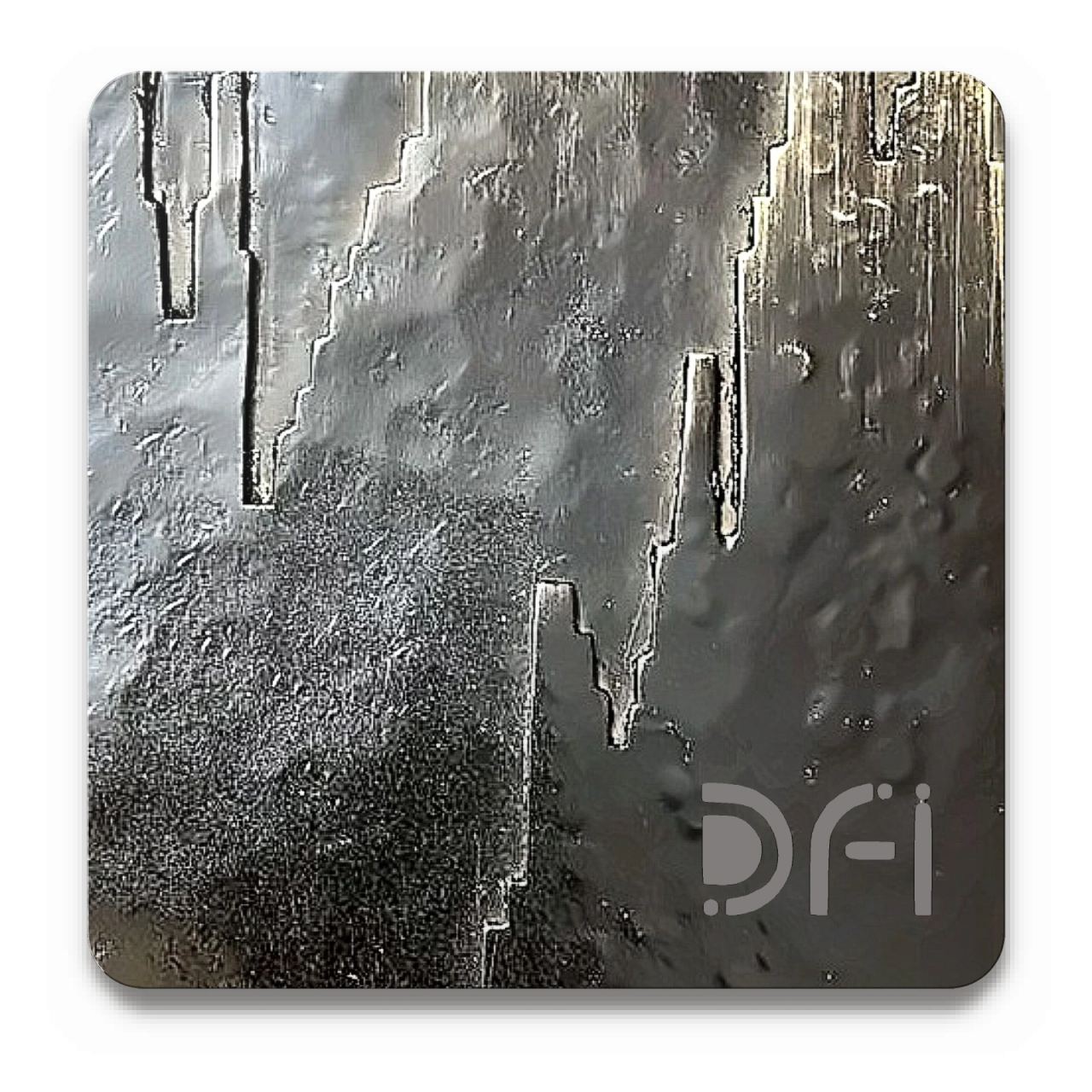 Mild Steel: a DFI sample plate with the DFI mark laser-cut in the corner