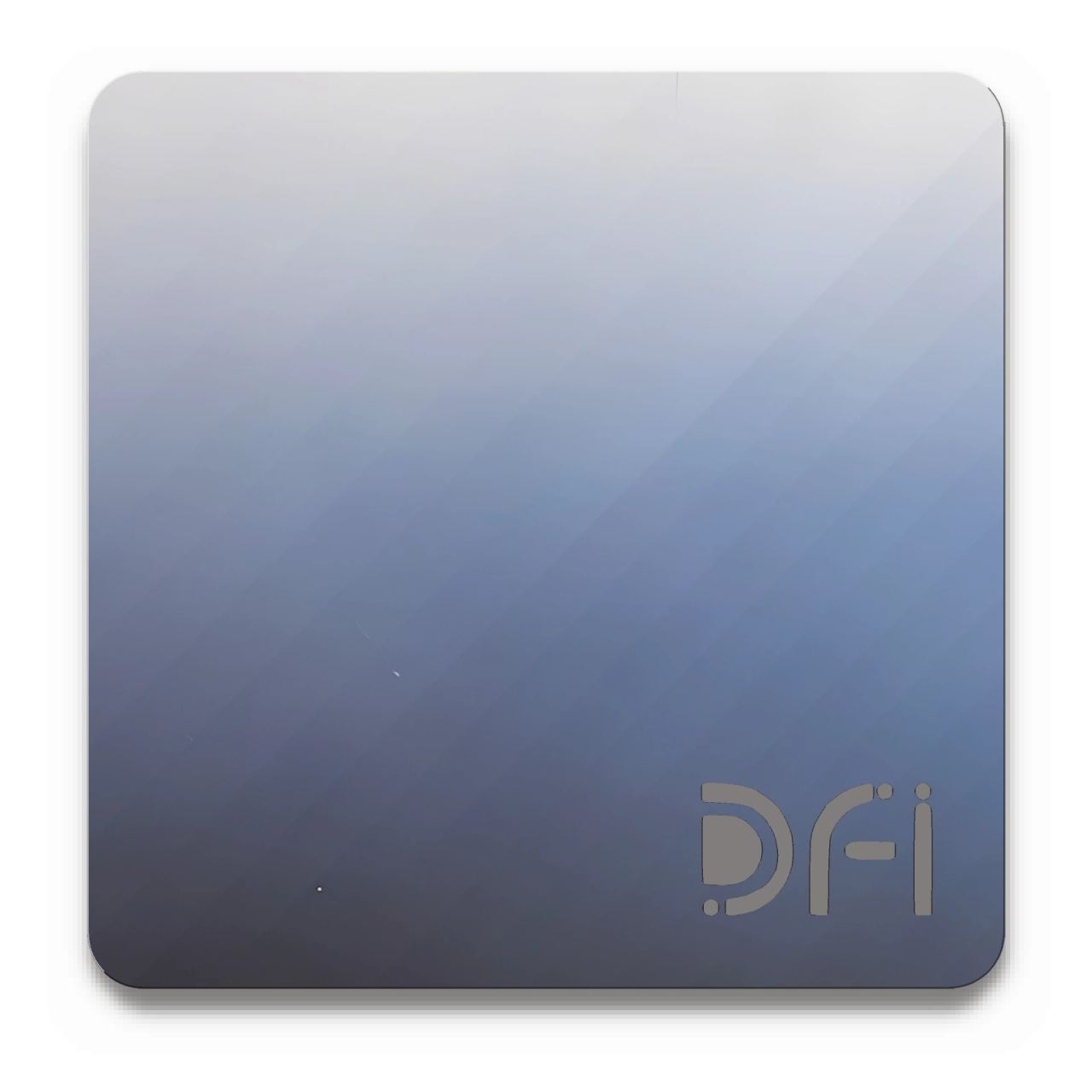 Silver to blue, Ombre finish: a DFI sample plate with the DFI mark laser-cut in the corner