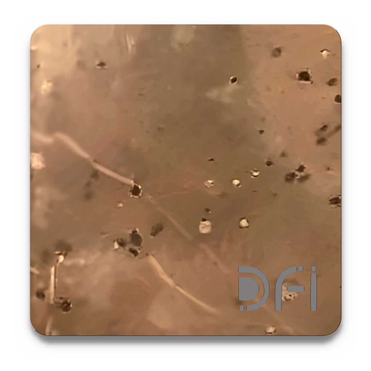 Brown, Authentic patina finish: a DFI sample plate with the DFI mark laser-cut in the corner