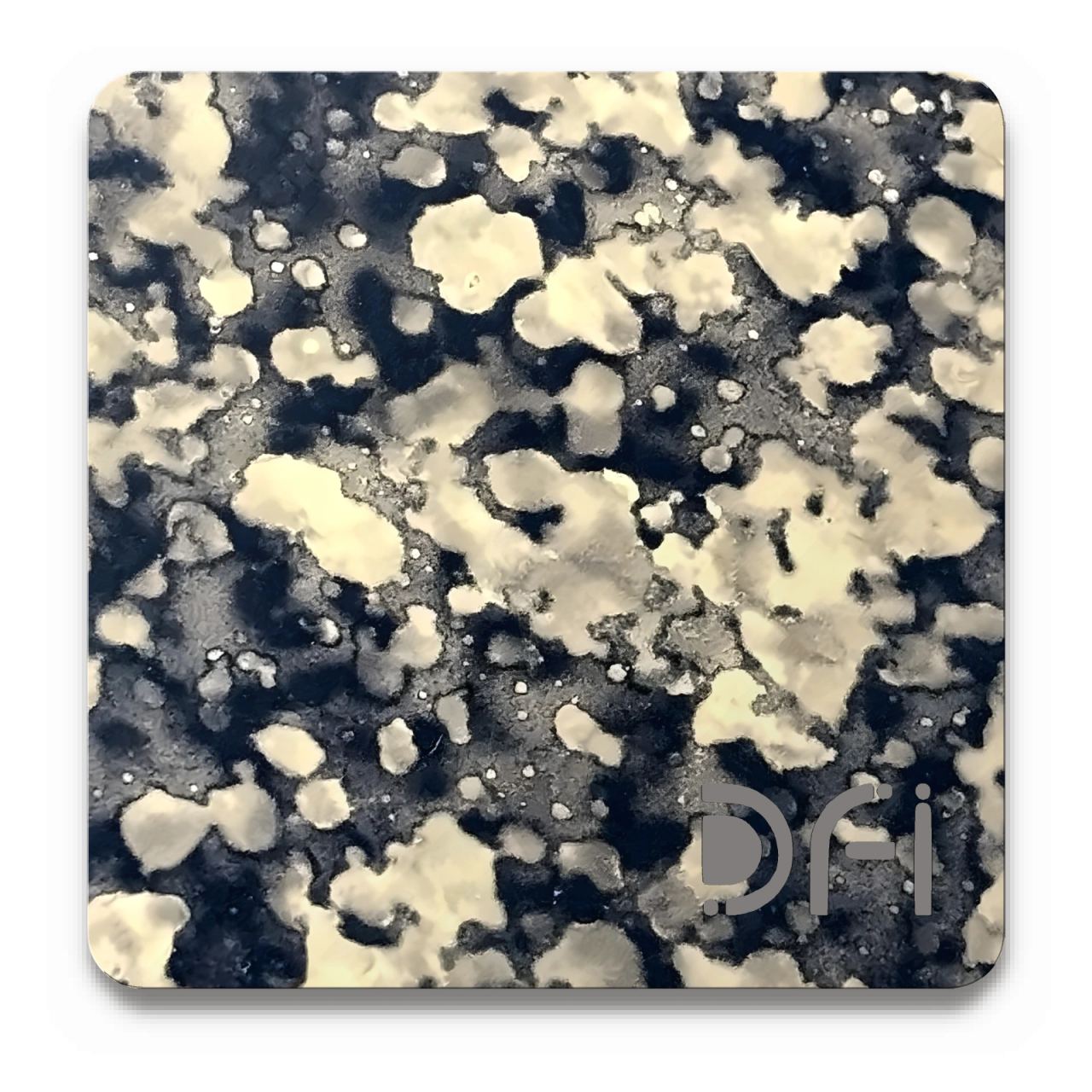 Camouflage, gold and charcoal, Entropy finish: a DFI sample plate with the DFI mark laser-cut in the corner