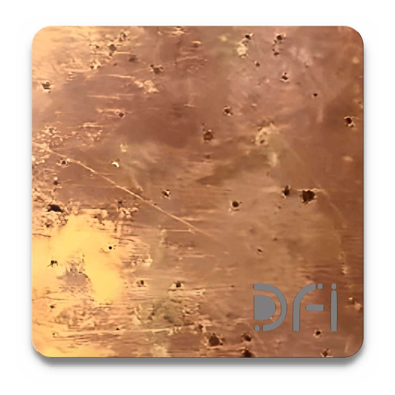 Copper-pink, Authentic patina finish: a DFI sample plate with the DFI mark laser-cut in the corner
