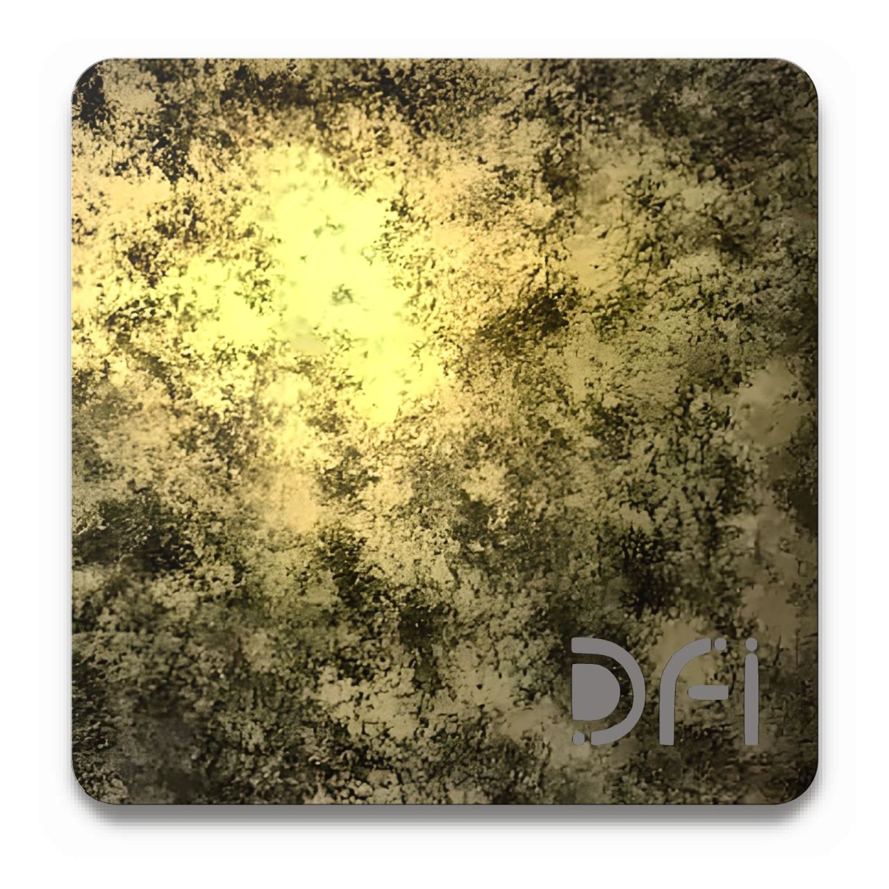 Gold-flecked dark, Entropy finish: a DFI sample plate with the DFI mark laser-cut in the corner