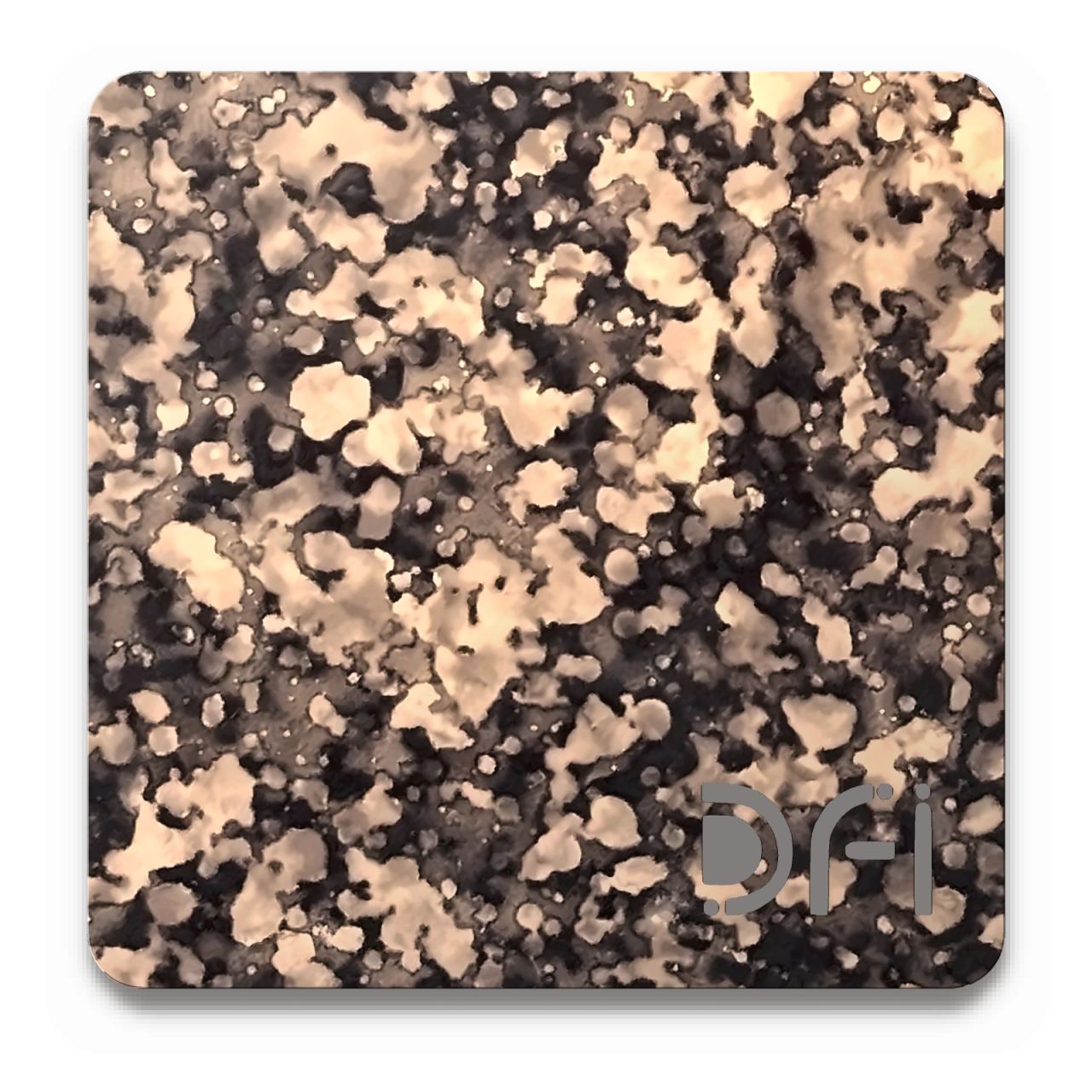Leopard spot, copper and black, Entropy finish: a DFI sample plate with the DFI mark laser-cut in the corner