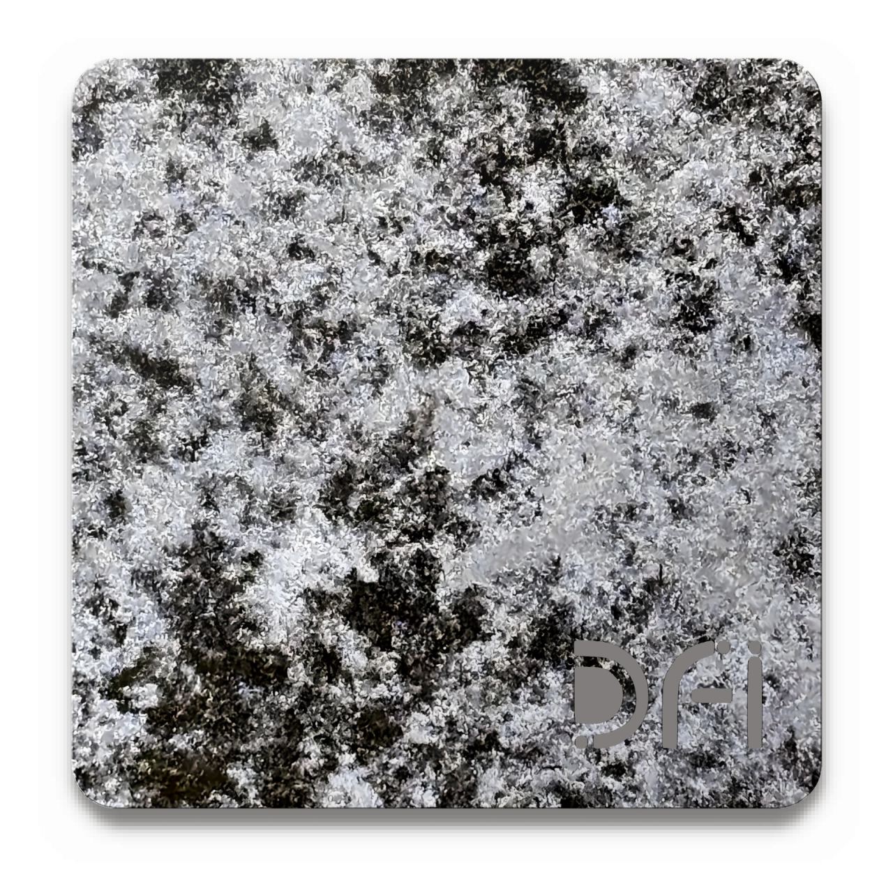 Silver-grey speckled, Entropy finish: a DFI sample plate with the DFI mark laser-cut in the corner