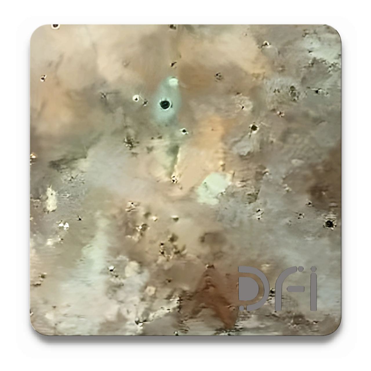 Verdigris, Authentic patina finish: a DFI sample plate with the DFI mark laser-cut in the corner