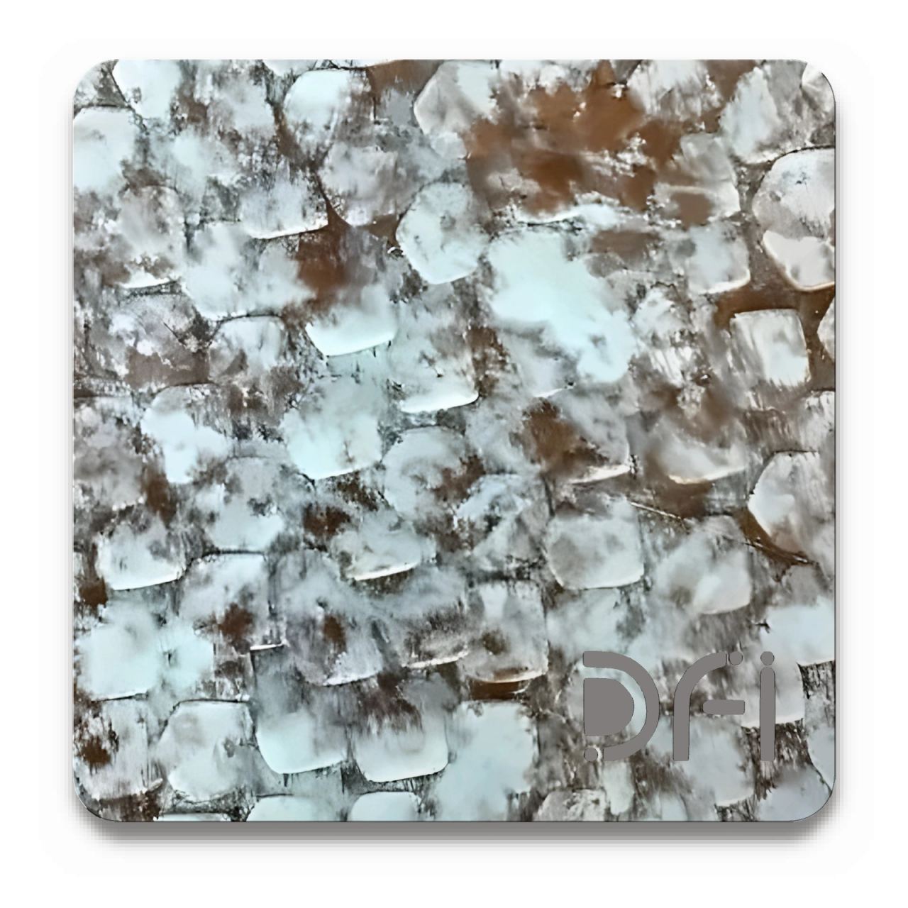 Verdigris over copper, Special texture finish: a DFI sample plate with the DFI mark laser-cut in the corner