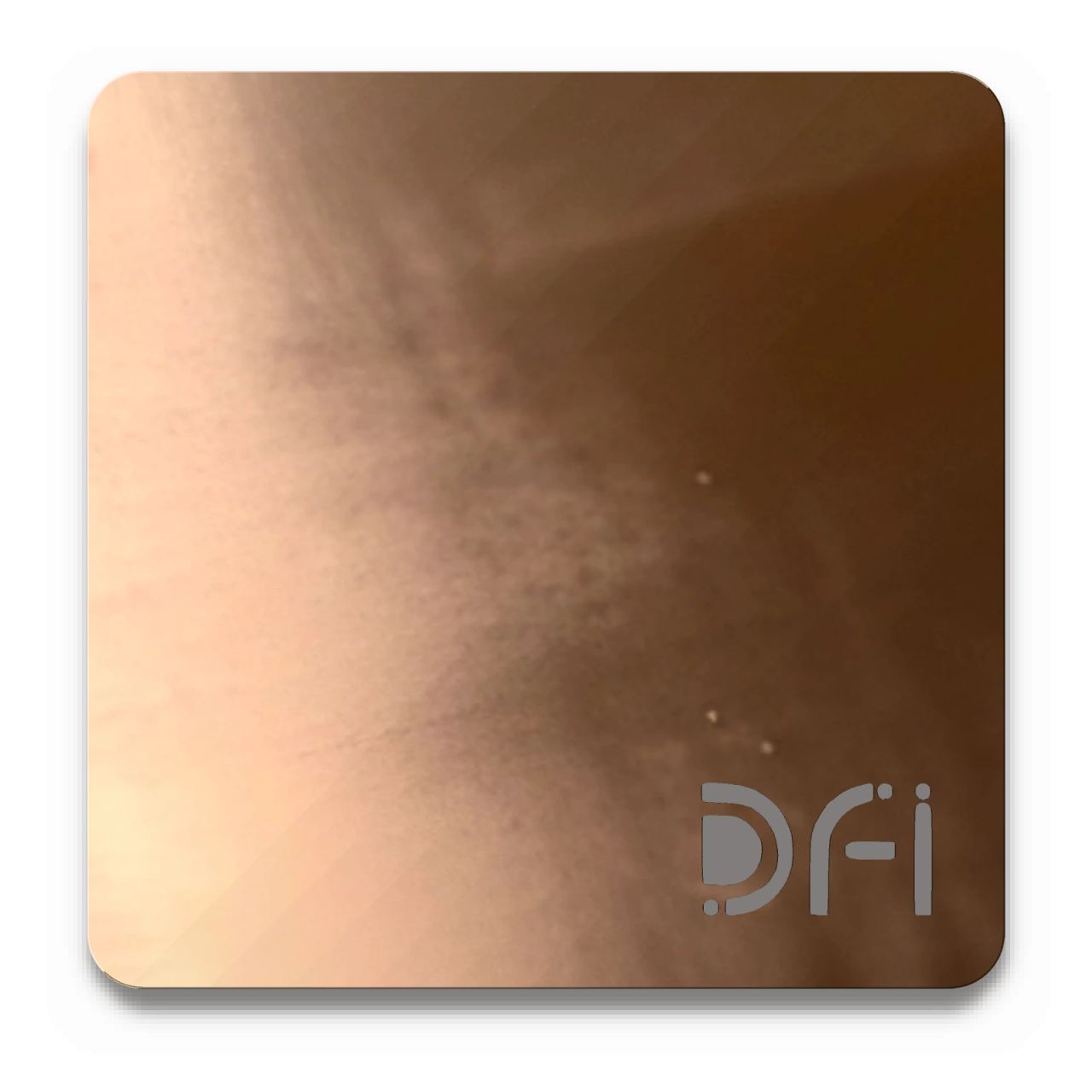 Copper PVD on stainless steel, PVD finish finish: a DFI sample plate with the DFI mark laser-cut in the corner