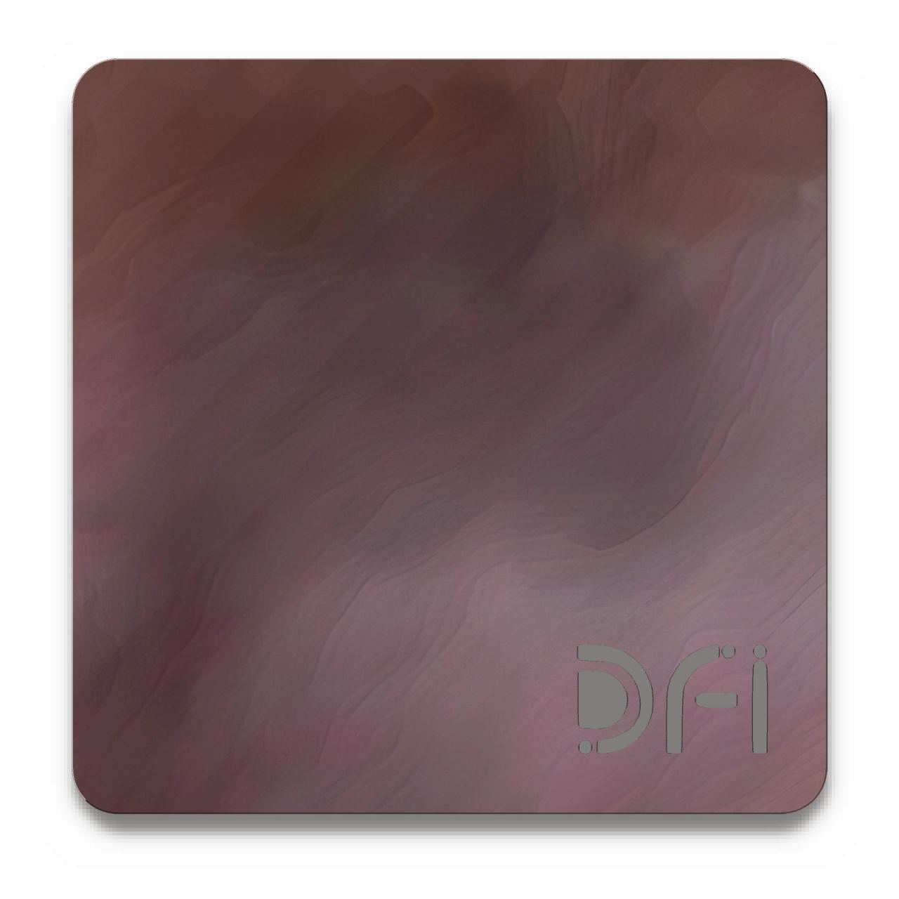 Smoky brown, darker centre, Amorphous effect finish: a DFI sample plate with the DFI mark laser-cut in the corner