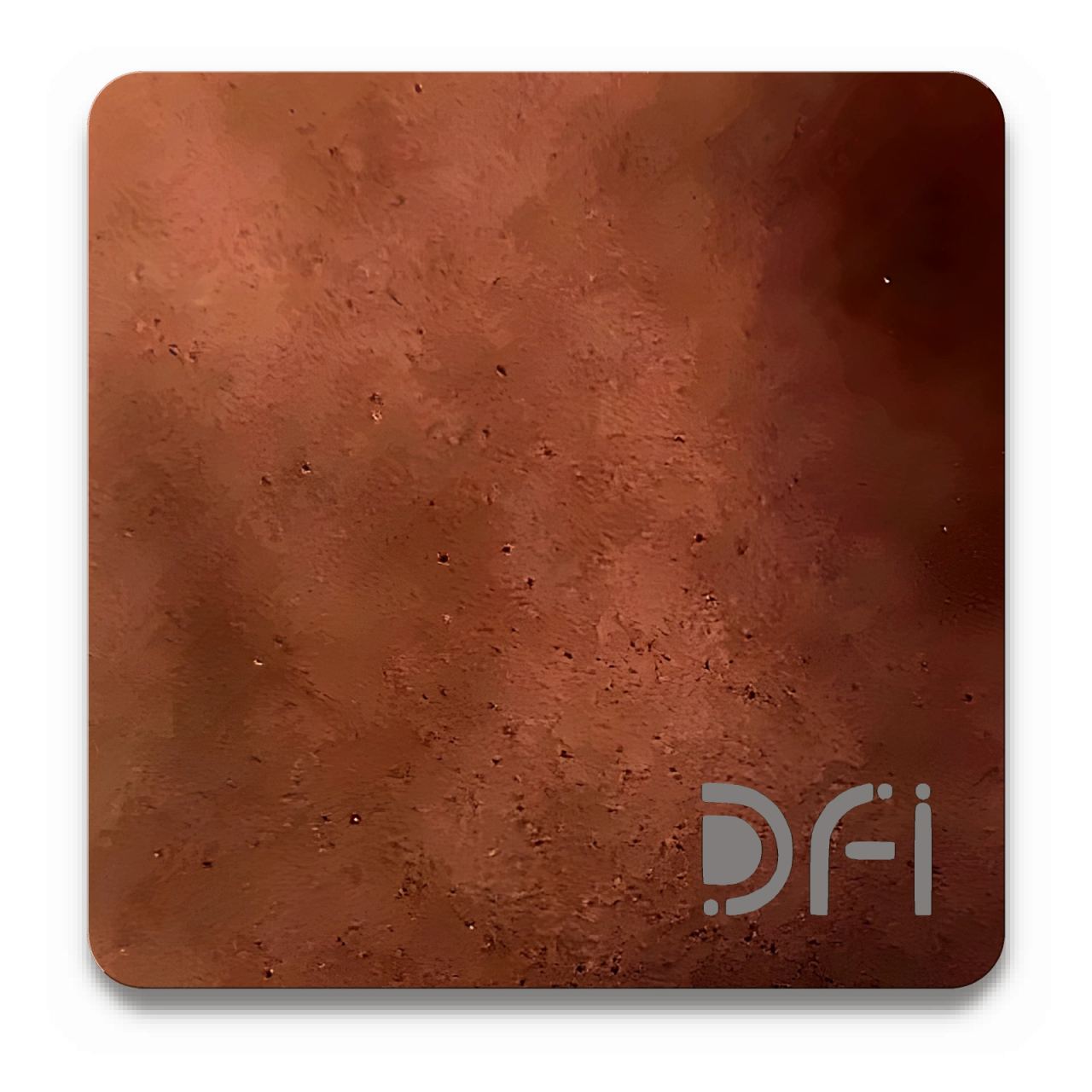Smoky copper-brown, Amorphous effect finish: a DFI sample plate with the DFI mark laser-cut in the corner