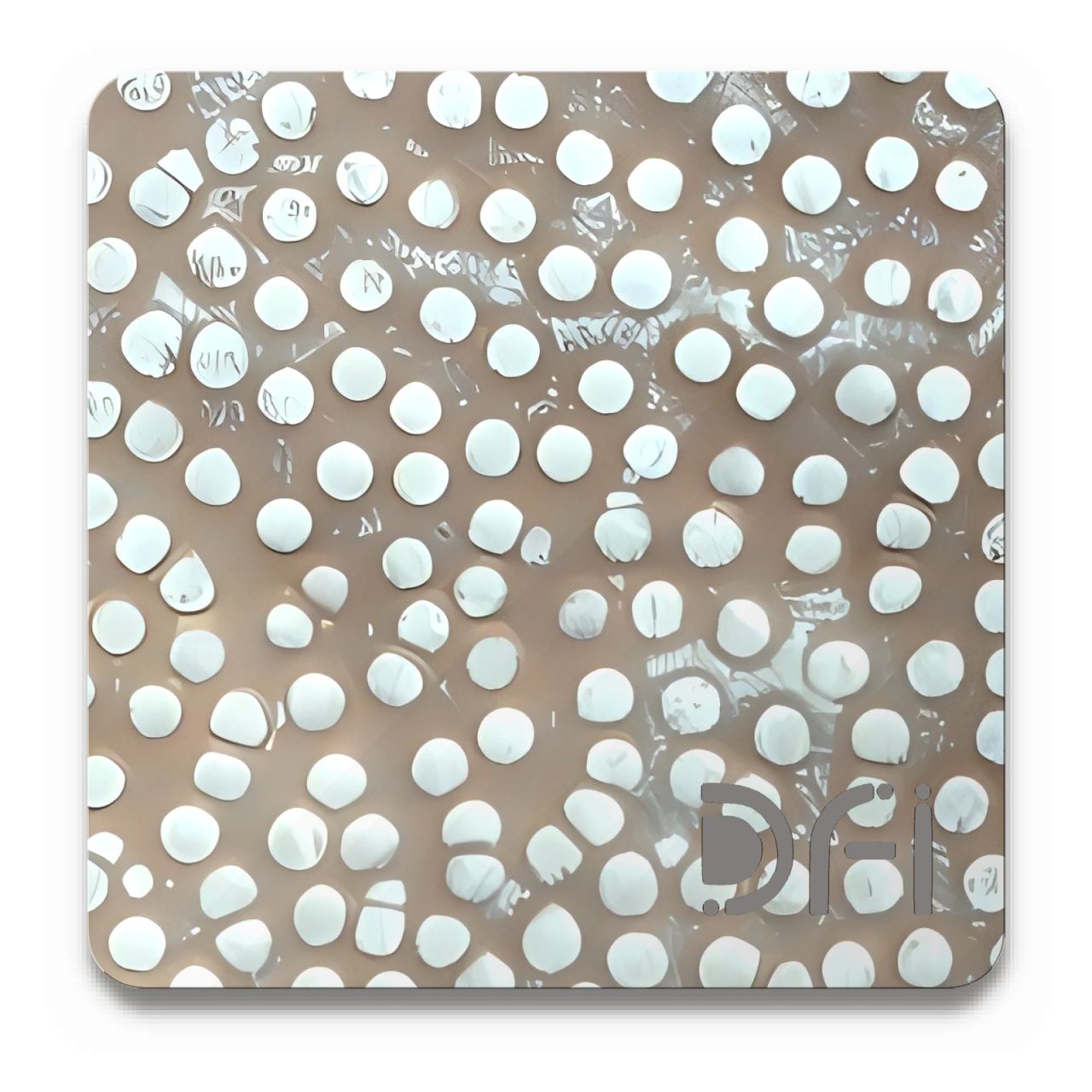 White dots on dark metal, Special texture finish: a DFI sample plate with the DFI mark laser-cut in the corner