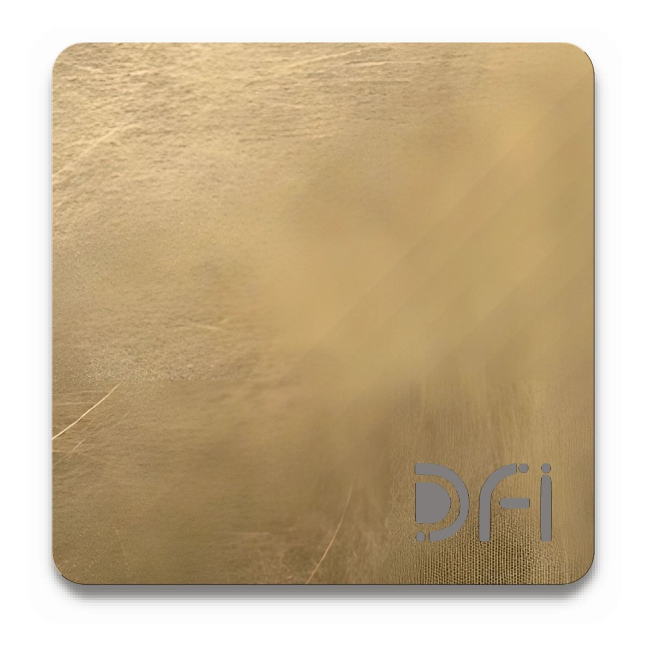 Antique brass, Vibration finish: a DFI sample plate with the DFI mark laser-cut in the corner