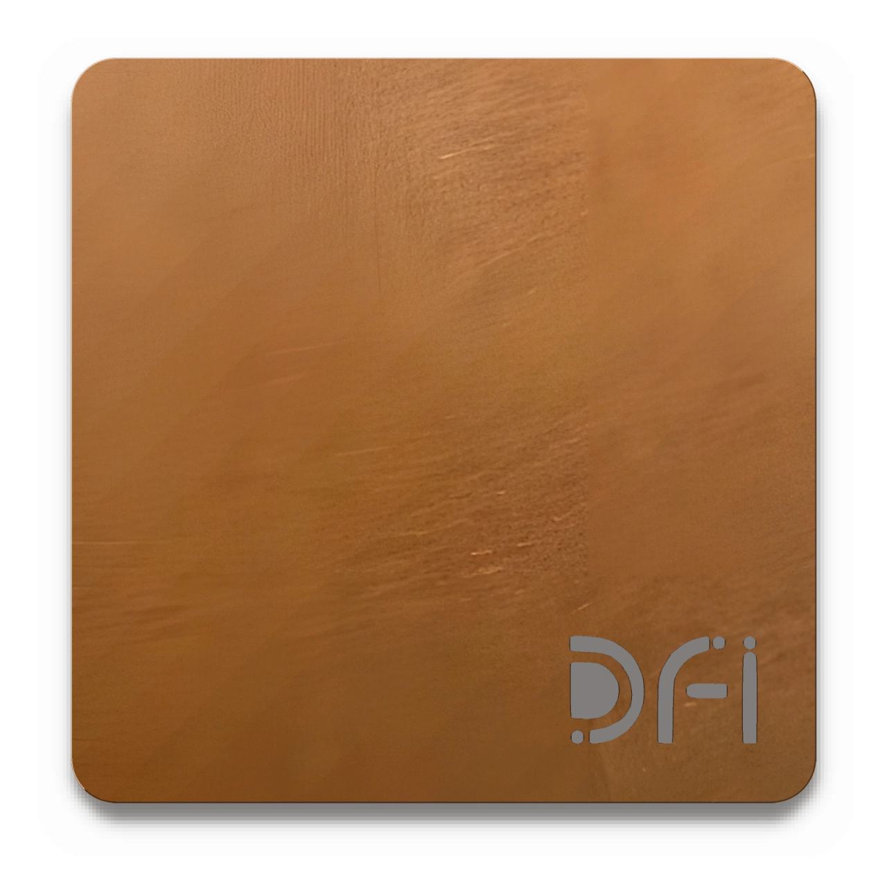 Copper, Vibration finish: a DFI sample plate with the DFI mark laser-cut in the corner
