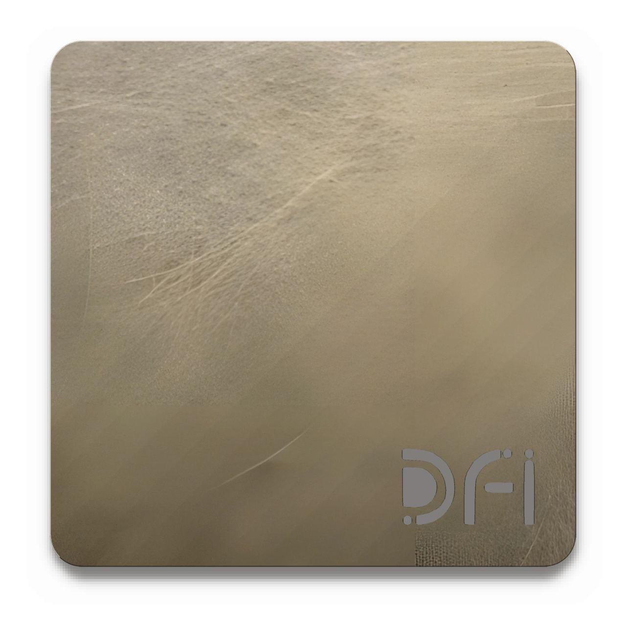 Olive bronze, Vibration finish: a DFI sample plate with the DFI mark laser-cut in the corner