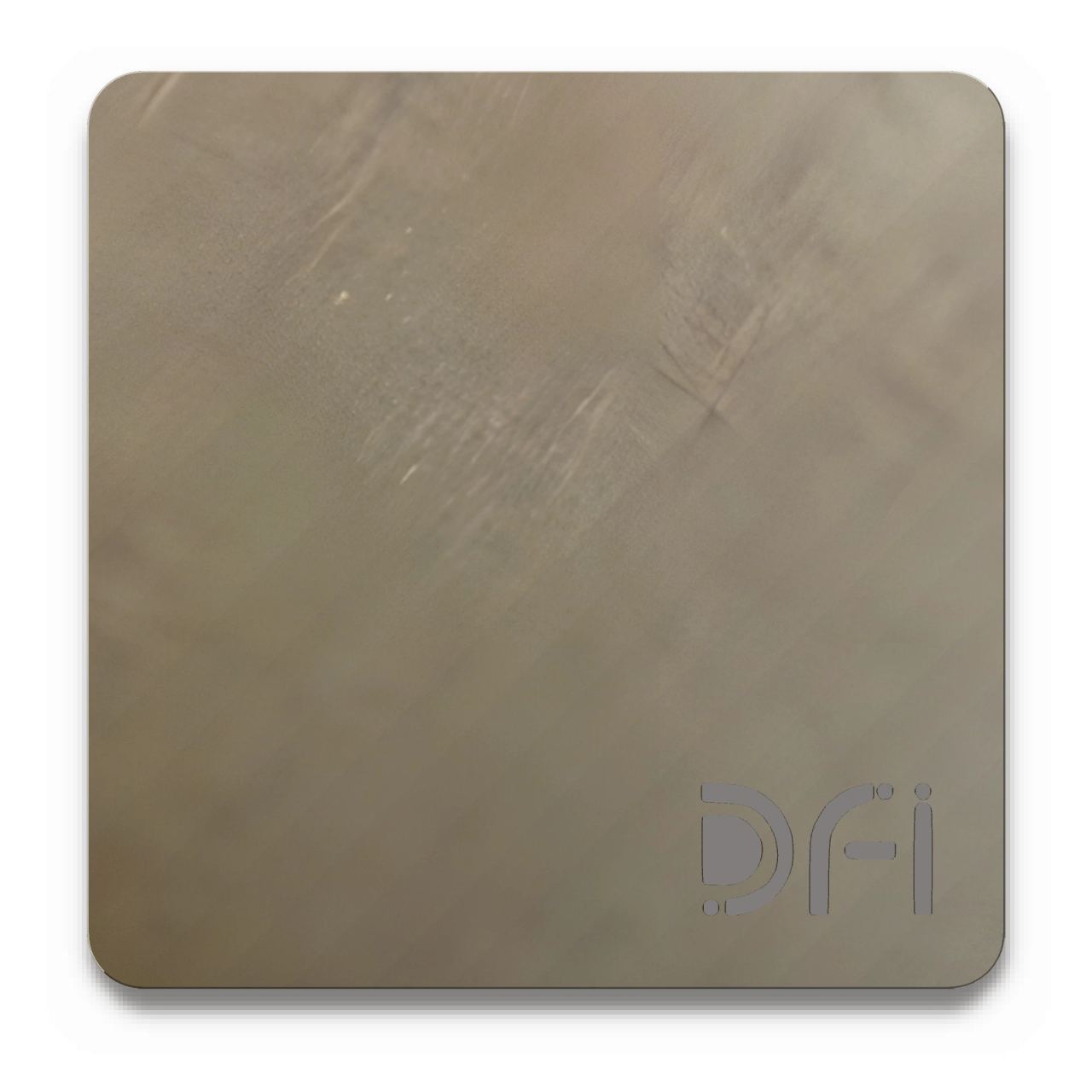 Smoke brown, Vibration finish: a DFI sample plate with the DFI mark laser-cut in the corner